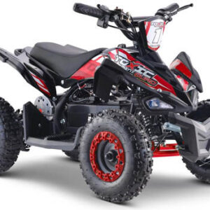 Black and orange 1000w kids electric mini quad bike with chunky tires on a grassy hill, designed for safe off-road adventures.